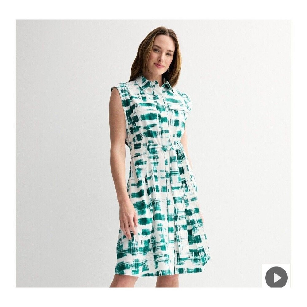 NEW ANDREW MARC WOMENS BELTED SHIRT DRESS SIZE 10 Green White Button Up - Picture 10 of 12
